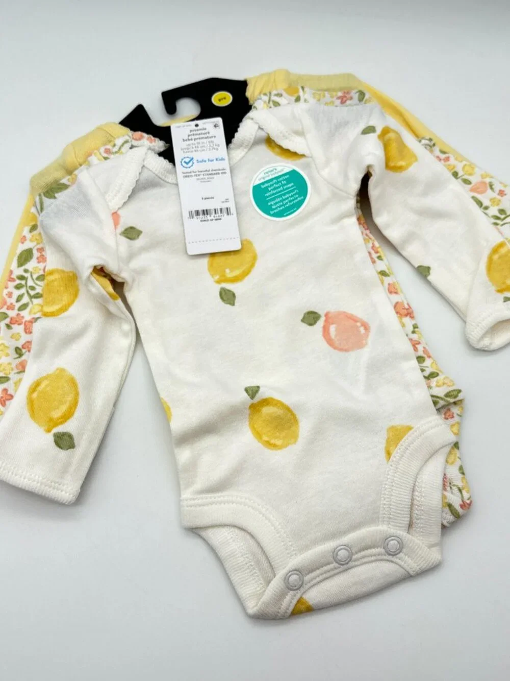 Carter's Child of Mine 3-Pack Cotton Baby Bodysuits, Lemon Floral, Preemie NWT